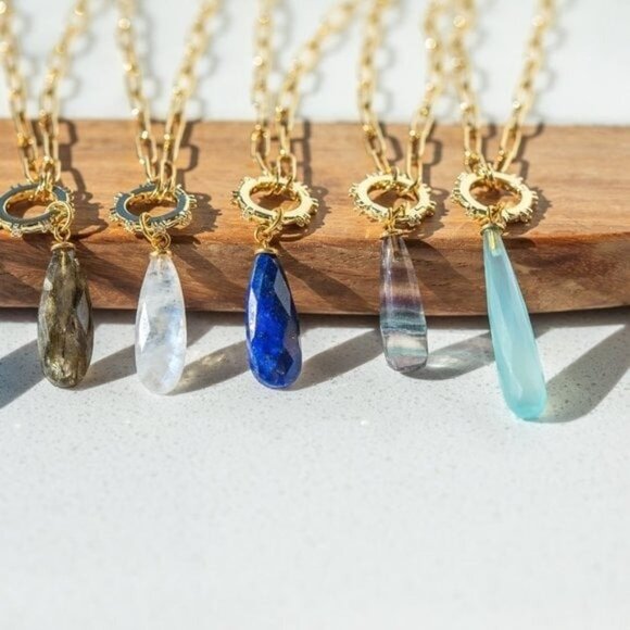 Beautiful Necklace Gemstone Pendant Gold Paperclip Chain Moonstone Labradorite - Picture 10 of 12
